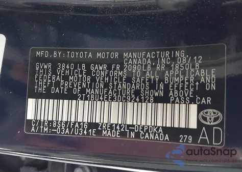 2013 Toyota Corolla L from USA, damaged, VIN 2T1BU4EE3DC924128